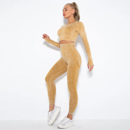 Women Seamless Tracksuit Yoga Set 2PCS Workout Clothes Athletic Wear Gym Legging Fitness Bra Crop Top Long Sleeve Sports Suits