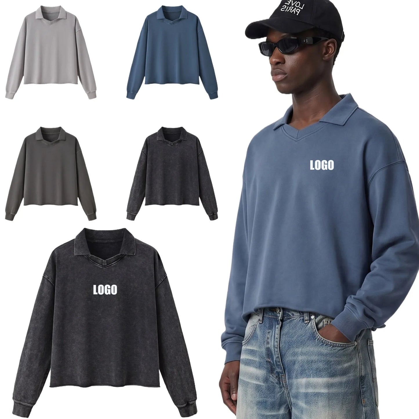 Custom LOGO men's clothing 380G old money wind 100% cotton BOXY short and wide washed old small V-neck curling terry sweater