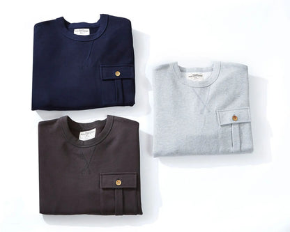 Men's Amekaji 490g Heavyweight French Terry Sweatshirt - Solid Color Crew Neck Pullover Kangaroo Pocket Thick Hoodie