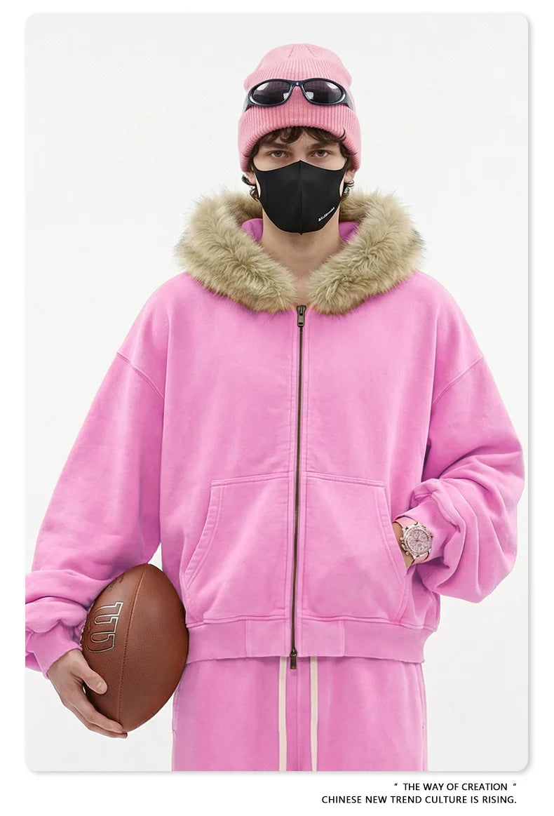 Custom LOGO Men's 400G Autumn Winter Retro Washed Boxy Fleece Collar Plush Thickened  Hooded  Zipper Jacket Couple style set