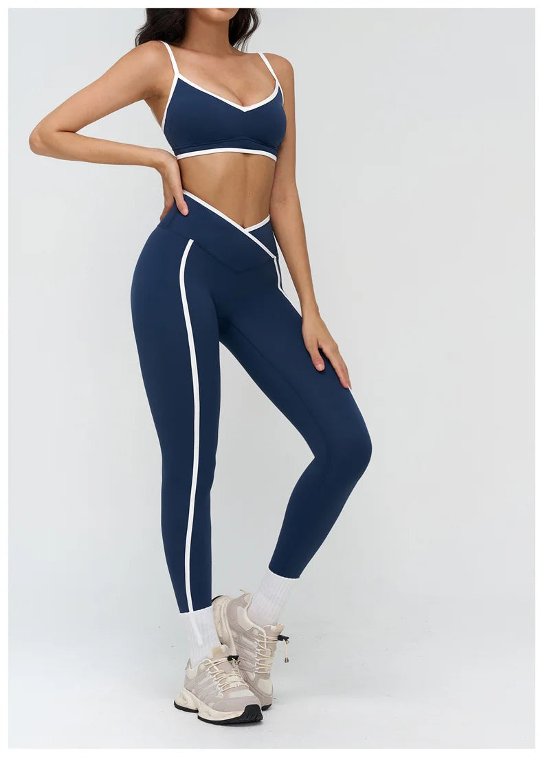 TRY TO BN Gym Set Sport Bra Women's Tracksuit Fitness Contrasting Color High Waist Leggings Two Pieces Suit Running Yoga Clothes