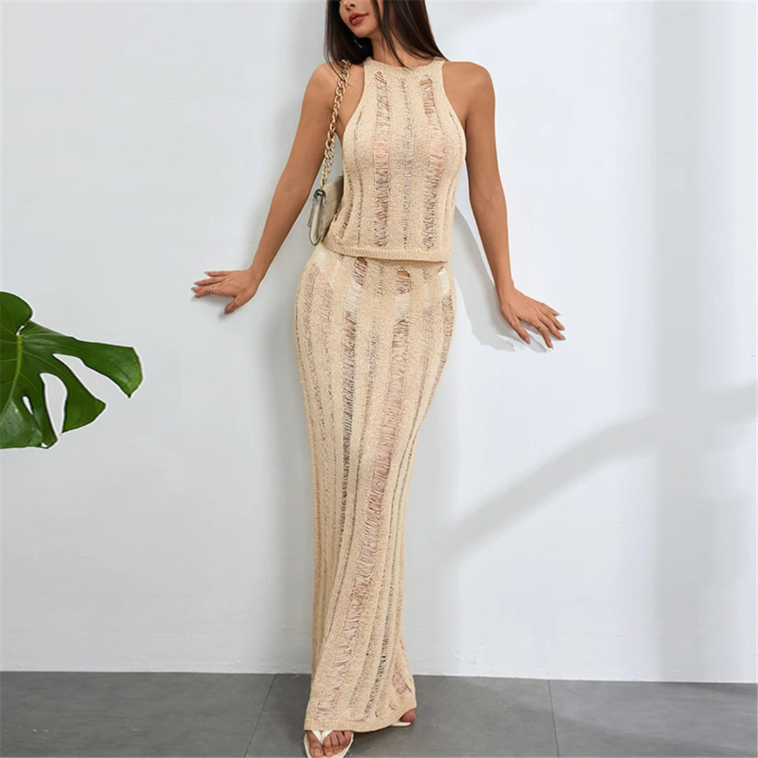New Sleeveless Crochet Knitted 2 Pieces Suits Tunic Beach Cover Up Cover-ups Beach Dress Beach Wear Beachwear Female Women V6717