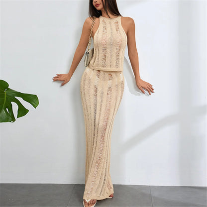 New Sleeveless Crochet Knitted 2 Pieces Suits Tunic Beach Cover Up Cover-ups Beach Dress Beach Wear Beachwear Female Women V6717