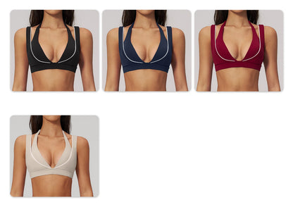 Color Contrast Deep-V Sports Bra Women's Gym Fitness Yoga Top Backless Breathable Sports Underwear Female Push Up Workout Top