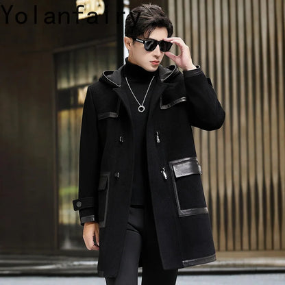 YOLANFAIRY Luxury Woolen Jackets for Man Autumn Winter Mid-length Pure Wool Patchwork Sheepskin Trench Coat Hooded Mens Jacket