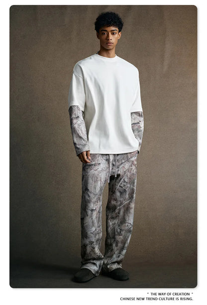Custom LOGO Men's 2025 Autumn New 340G fleece-lined Fake Two-piece Camouflage Sweater T-Shirt Casual Pants Set