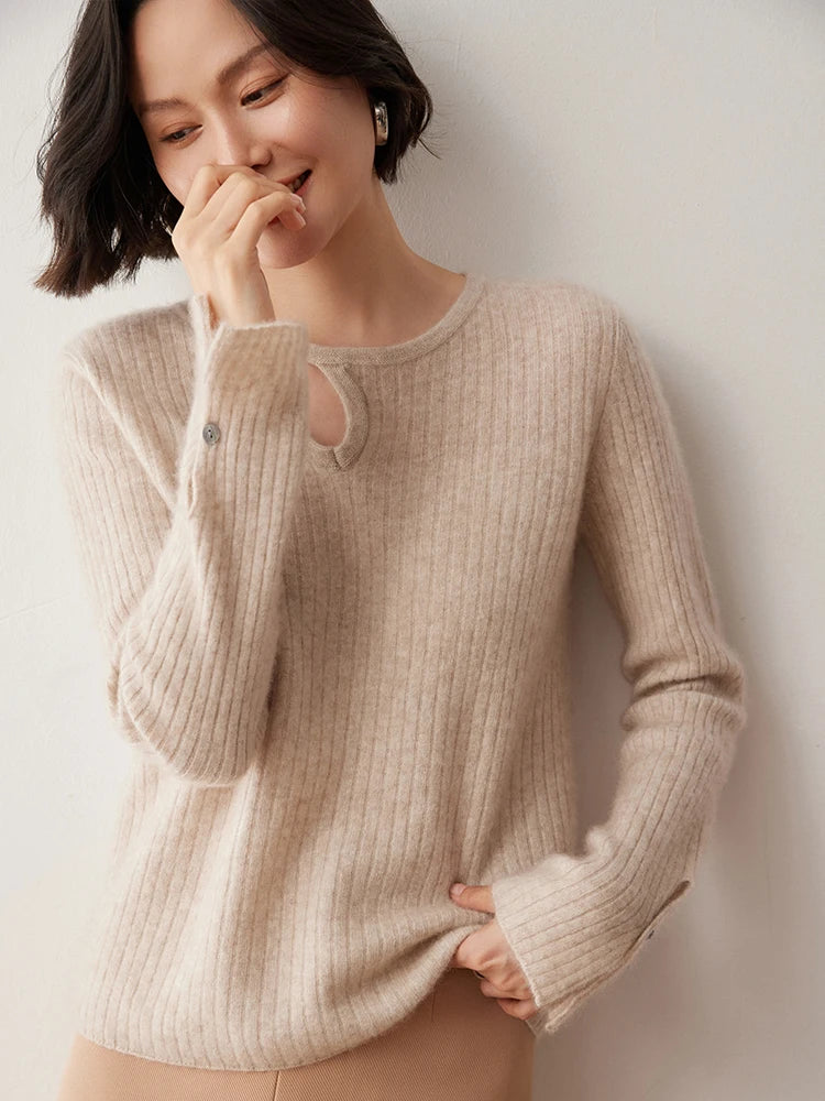 CHICUU Women's 100% Cashmere Knit Pullover Sweater Cut Out Collar Long Sleeve Pullover Autumn Winter Basic Cashmere Knitwear Top