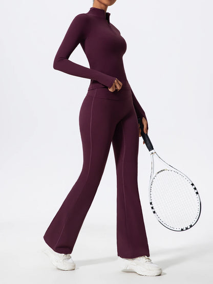 Hearuisavy Summer Half Zipper Yoga Suit Outdoor Workout Clothing Gym Set Women Flared Pants 2Pcs Sports Long Sleeves Shirt Suit