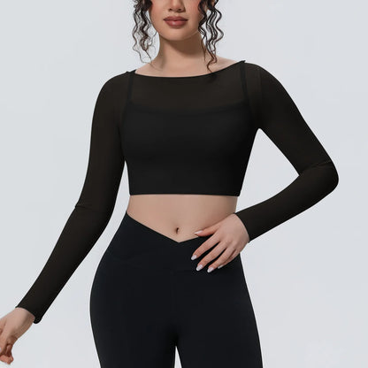 Hearuisavy Women's Mesh Long Sleeve Yoga Top With Padded Bra Fake Two Piece Gym Clothing Fitness Top Quick Dry Sports Crop Top