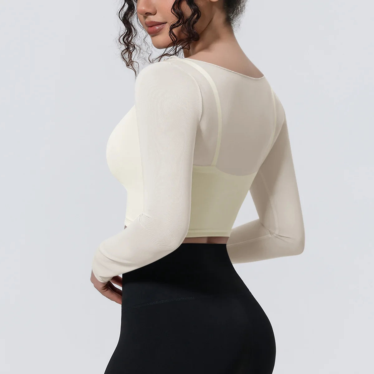 Hearuisavy Women's Mesh Long Sleeve Yoga Top With Padded Bra Fake Two Piece Gym Clothing Fitness Top Quick Dry Sports Crop Top