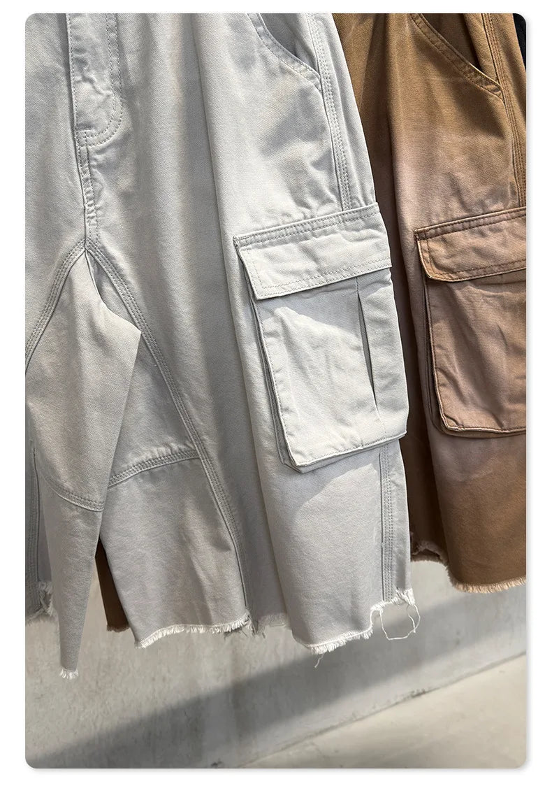 Custom LOGO men's 310G heavy 100% cotton summer American street multi-pocket retro washed old loose tooling seven-point shorts