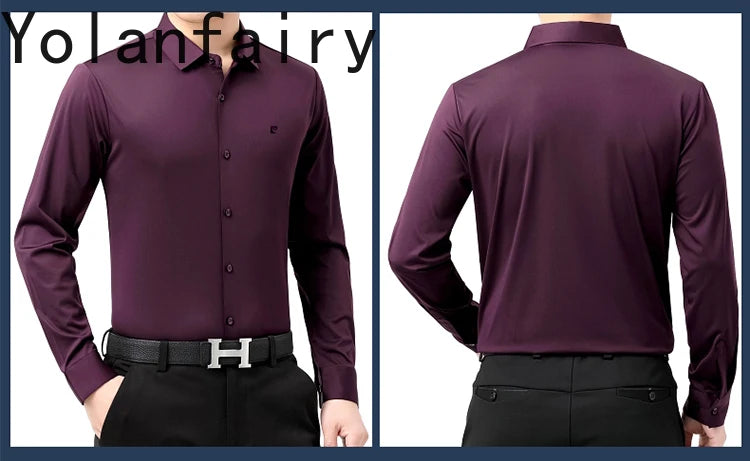 YOLANFAIRY 100% Mulberry Silk Long Sleeve Shirt Man Spring Autumn Casual Silk Mens Shirts Warm Male White Shirt chemises hommes