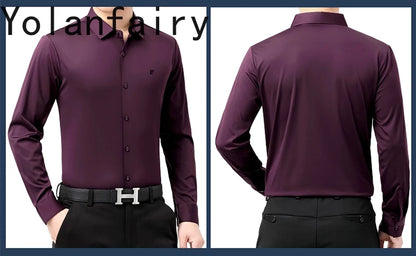 YOLANFAIRY 100% Mulberry Silk Long Sleeve Shirt Man Spring Autumn Casual Silk Mens Shirts Warm Male White Shirt chemises hommes