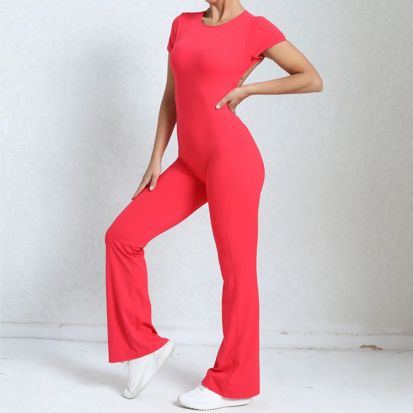 Women's Tracksuit Yoga Set Backless Jumpsuits Back V One Piece Fitness Rompers Short Sleeves Sportswear Gym Set Workout Clothes