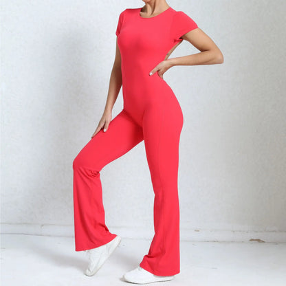 Women's Tracksuit Yoga Set Backless Jumpsuits Back V One Piece Fitness Rompers Short Sleeves Sportswear Gym Set Workout Clothes