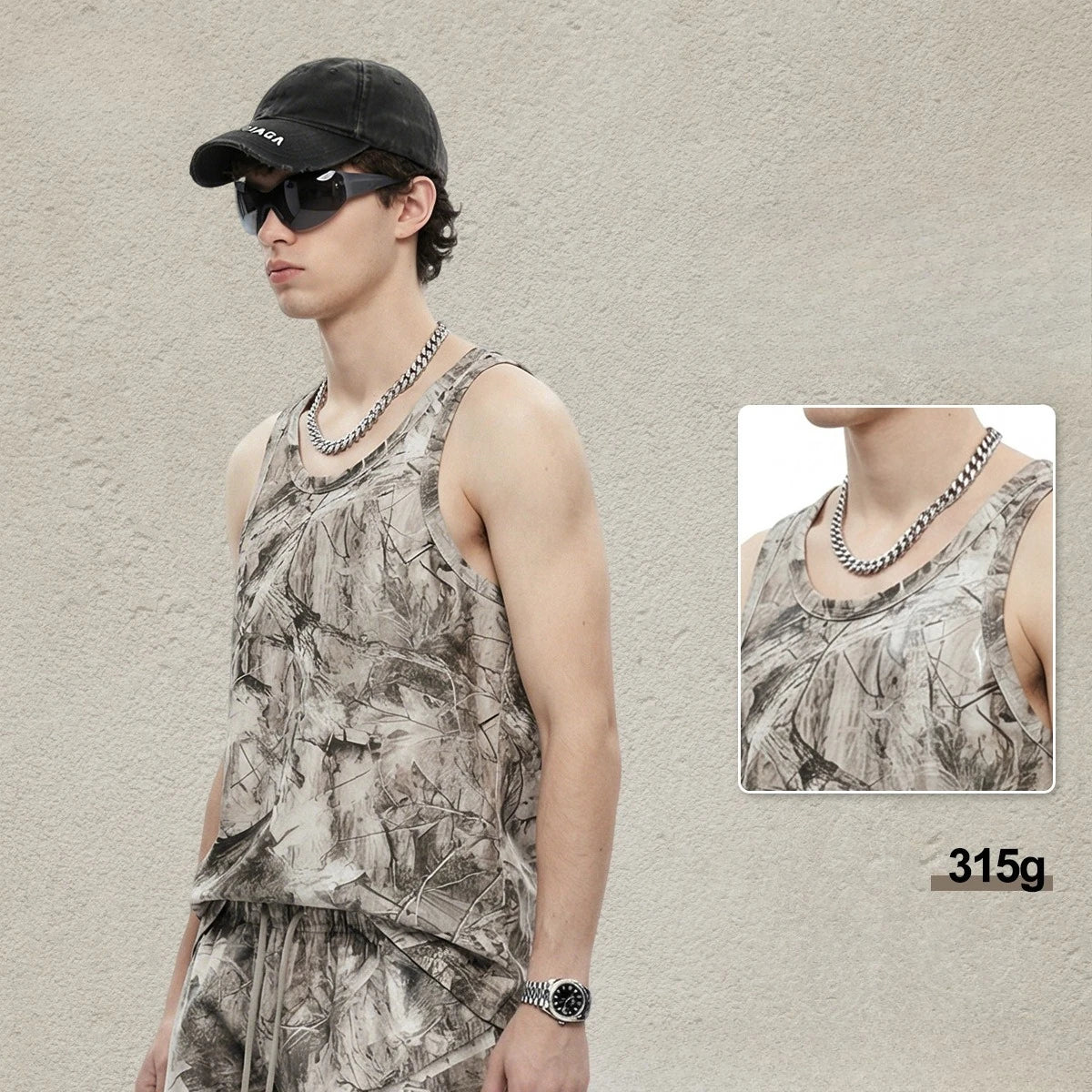 Custom LOGO men's 315G cotton polyester summer American street camouflage loose sports vest shorts outdoor fitness set