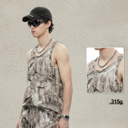 Custom LOGO men's 315G cotton polyester summer American street camouflage loose sports vest shorts outdoor fitness set