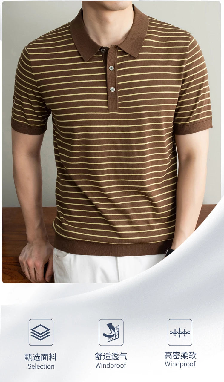 Men's Lyocell shirt summer new casual striped short sleeved T-shirt Polo collar breathable comfortable knitted pullover