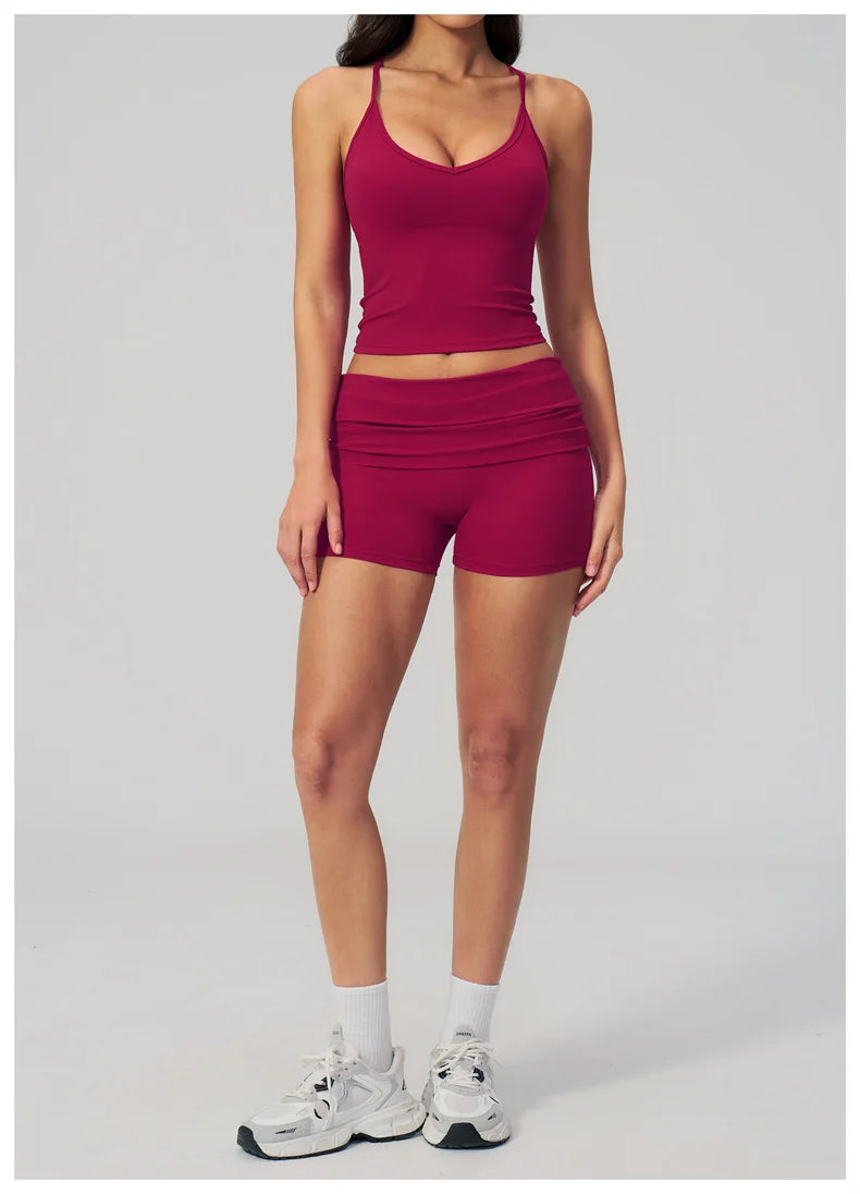 TRY TO BN Two Pieces Women's Tracksuit Vest Sling Top Set Fold-over Waist Yoga Shorts Hip Lifting Running Fitness Gym Activewear