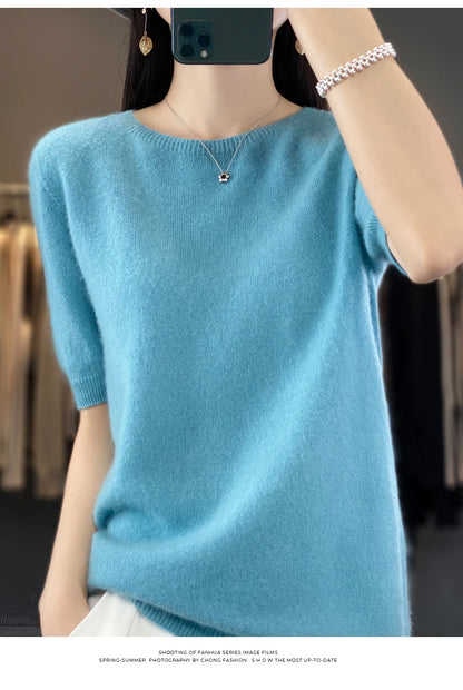 100% Merino wool women's O neck knitted T-shirt Korean pullover short sleeve sweater women's basic solid color half sleeve women