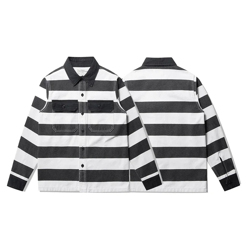 Amekaji Heavyweight Zebra Striped Jacket - Thick Canvas Motorcycle Biker Jacket Retro Workwear Coat