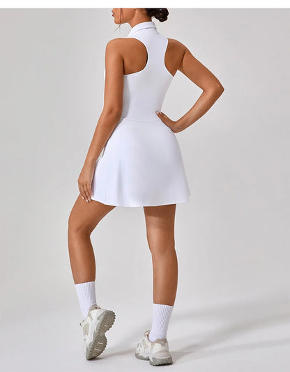 Women's Tennis Dress Women Turn Down Collar Front Zipper 2-in-1 Golf Sports Tight Dress Fitness Workout Running Pocket Skort