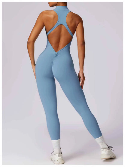 Summer V Back One-piece Suit Women Sports Jumpsuit Zippers Yoga Rompers Backless Sportswear Women Sleeveles Workout Bodysuits