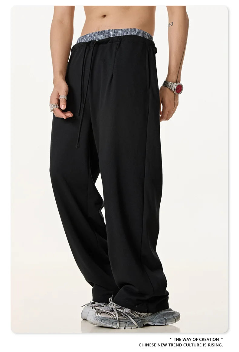 Custom LOGO Men's 2025 Summer 280G American Neutral Wind Splicing Double Waist Wide Leg Pants Sports Straight Couple Sweatpants