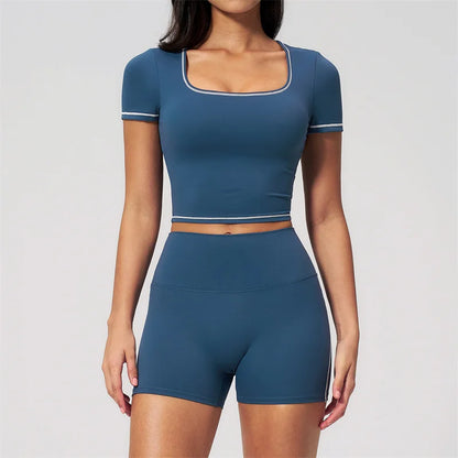 TRY TO BN 2 Pieces Women's Tracksuit Yoga Short Sleeves Top Sets High Waist Shorts Contrasting Color Running Fitness Gym Clothes