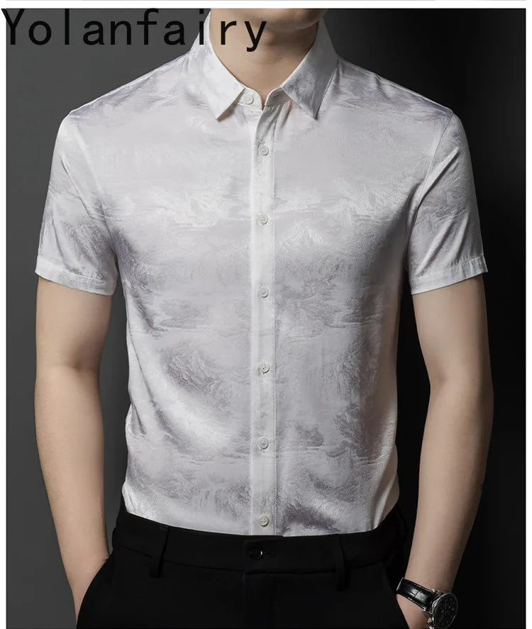 YOLANFAIRY 92.4% Mulberry Silk Mens Shirts Summer Shirt for Men Camisas Hombre Mens Button Up Shirt Mens Fashion Shirt Tops