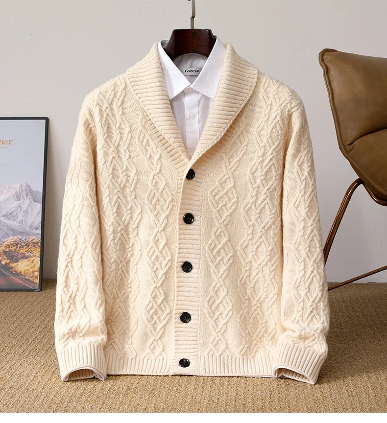 2025 Autumn Winter New Five Needle Thick 100% Merino Wool Sweater Men's Lapel Knit Cardigan Business Casual Warm Shirt Menswear