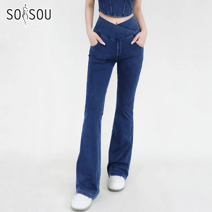 SOISOU Sexy Jeans For Women Leggings Yoga Pants Denim Bell-bottoms Soft Elastic Breathable High waist 4 Pockets Women's Pants