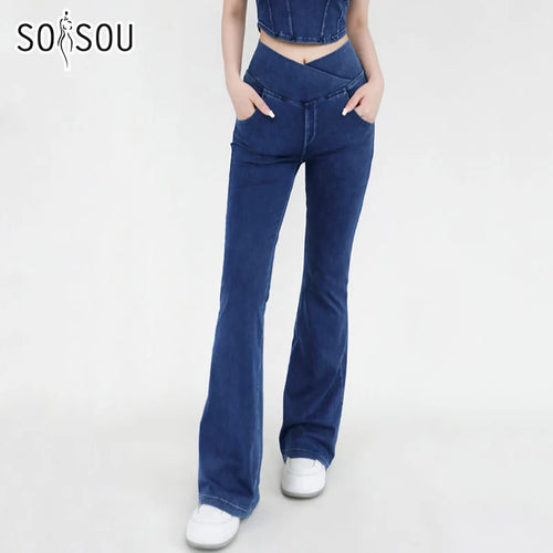 SOISOU Sexy Jeans For Women Leggings Yoga Pants Denim Bell-bottoms Soft Elastic Breathable High waist 4 Pockets Women's Pants