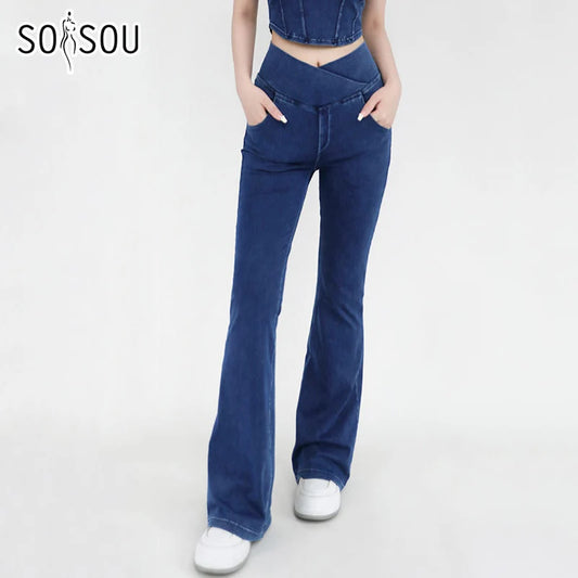 SOISOU Sexy Jeans For Women Leggings Yoga Pants Denim Bell-bottoms Soft Elastic Breathable High waist 4 Pockets Women's Pants