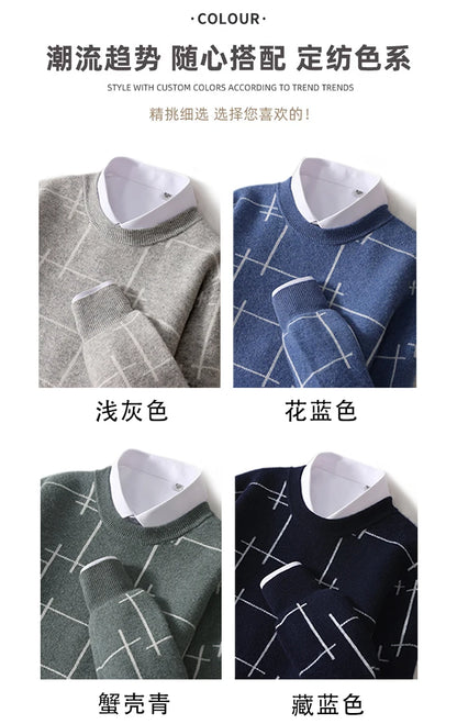 Autumn/Winter 100% Pure Wool Men's O-Neck Thick Business Sweater Loose Casual Wool Knit Bottoming Shirt Men's Sweater