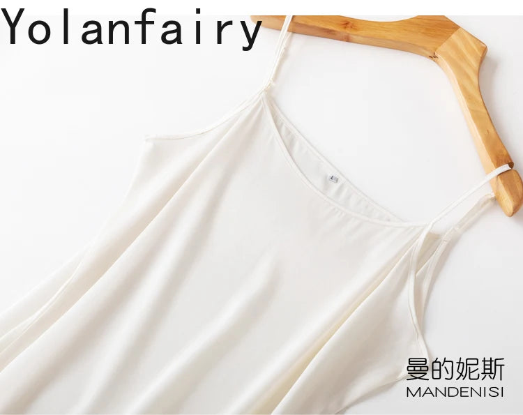 YOLANFAIRY 19momme 93% Mulberry Silk Spaghetti Strap Dress for Women Elegant Mid-length Sexy Real Silk Summer Dresses Woman 원피스