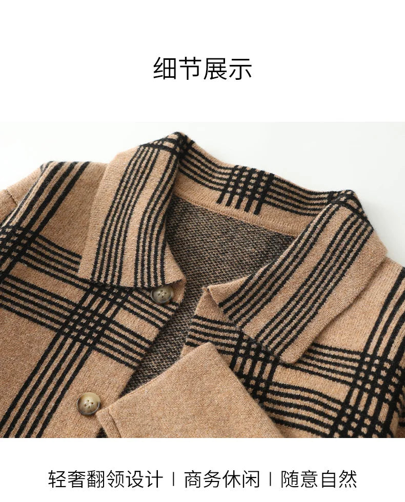 100% Merino Wool Men's Lapel Collar Knit Cardigan Coat 2025 Spring/ Autumn New POLO Neck Grid Suit Shirt Cashmere Jacket Sweater