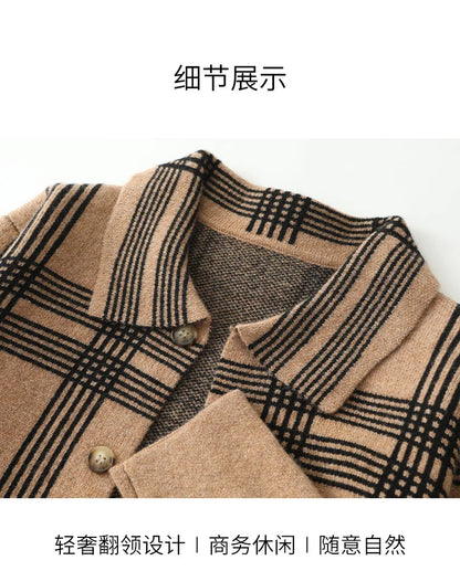 100% Merino Wool Men's Lapel Collar Knit Cardigan Coat 2025 Spring/ Autumn New POLO Neck Grid Suit Shirt Cashmere Jacket Sweater