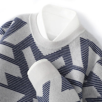 Men's Autumn Winter New 100% Cashmere O-Neck Sweater Fashion Knitted Jacquard Pullover Top Color blocked Thickened Men's Wear