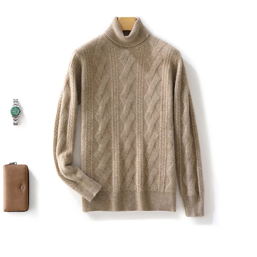 100% Merino Wool Solid Color Turtleneck Cable-Knit Sweater Long Sleeves Pullover Cashmere Men Soft Comfortable Warm Clothing Top