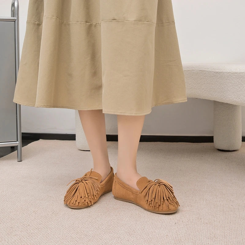 AIYUQI Women's Flat Shoes Genuine Leather 2026 New Tassel Women's Loafers Large Size Ballet Mary Jane Shoes For Women
