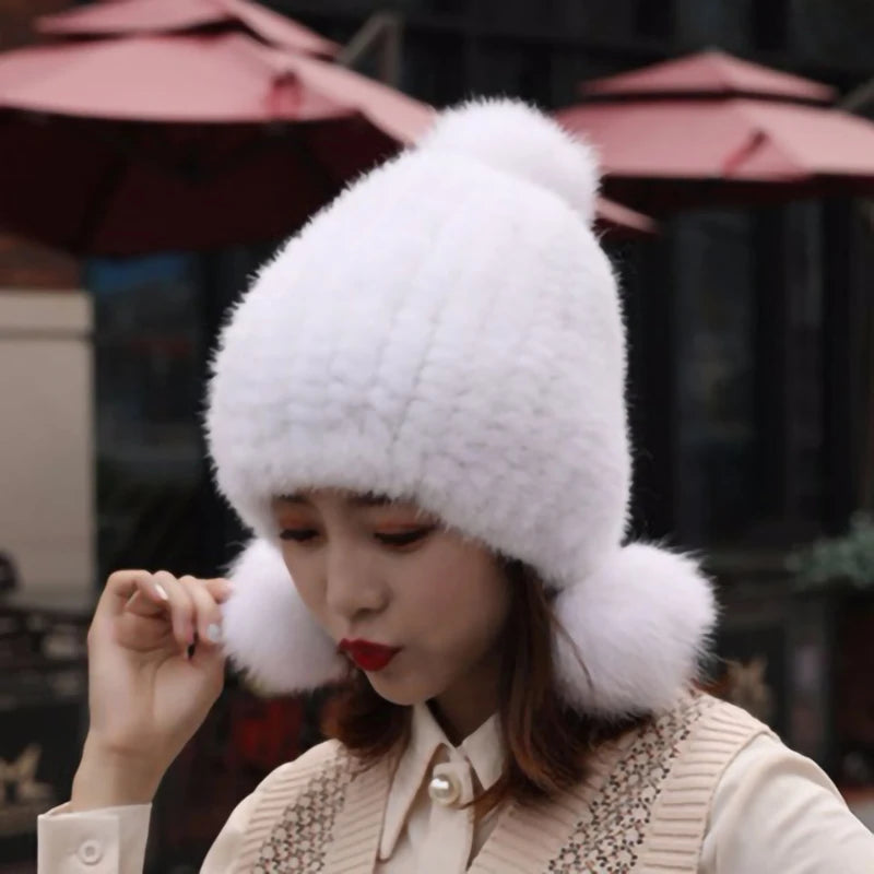 Fashion Women Real mink hat Winter warm mink fur knit hats Women fox fur ball cap