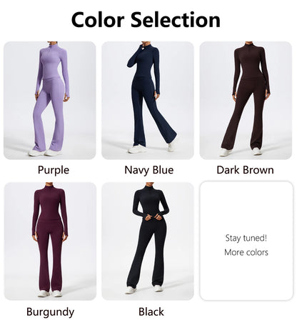 Hearuisavy Summer Half Zipper Yoga Suit Outdoor Workout Clothing Gym Set Women Flared Pants 2Pcs Sports Long Sleeves Shirt Suit