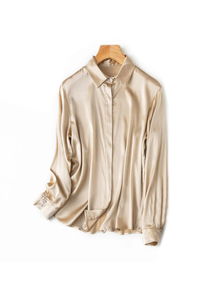 SuyaDream Woman Solid Shirts 93%Real Silk 7%Spandex Long Sleeves Chic Blouses, 2025 Spring Autumn Office Lady Top