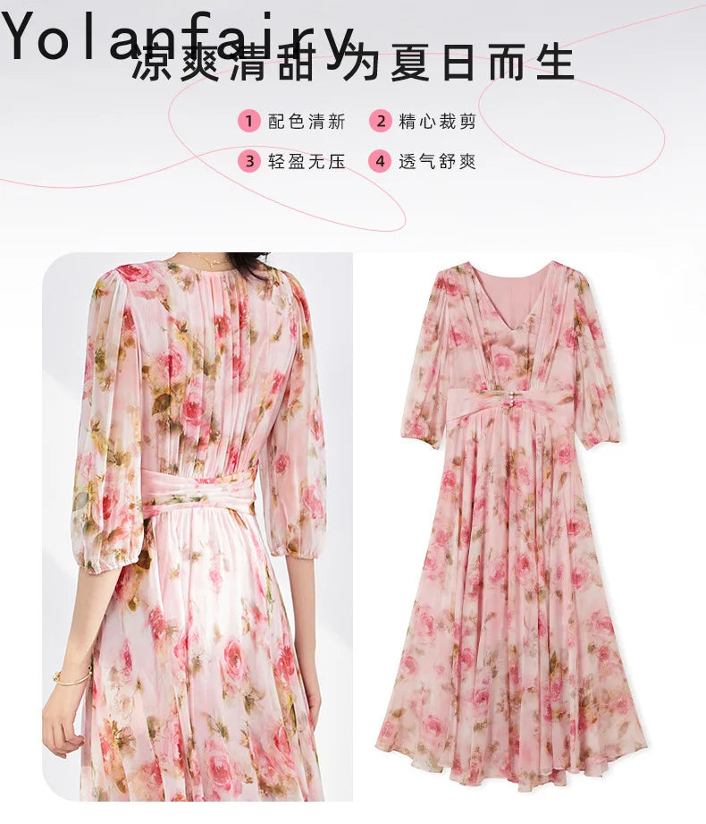 YOLANFAIRY 100% Real Silk Floral Dresses Woman Summer Clothes Elegant Mulberry Silk Pink Dress Romantic Women's Birthday Dress
