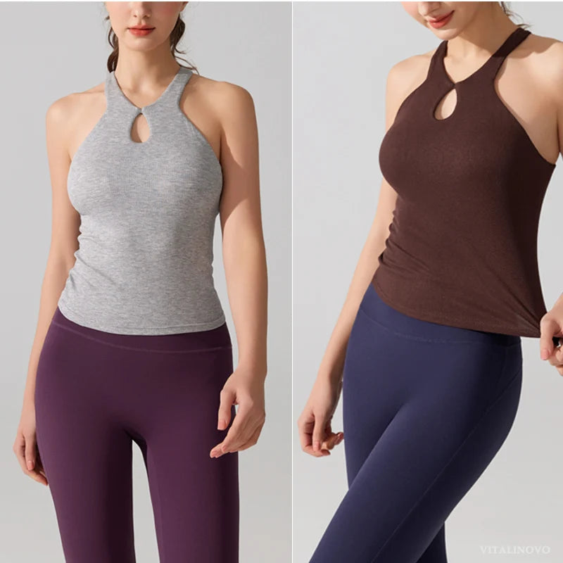 VITALINOVO Women's Tank Top High Neck Ribbed Raceback Going Out Basic Tops with Built-in Bra Summer Sleeveless Yoga Slim Fitted