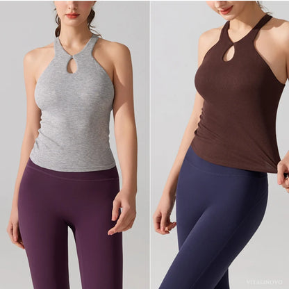VITALINOVO Women's Tank Top High Neck Ribbed Raceback Going Out Basic Tops with Built-in Bra Summer Sleeveless Yoga Slim Fitted