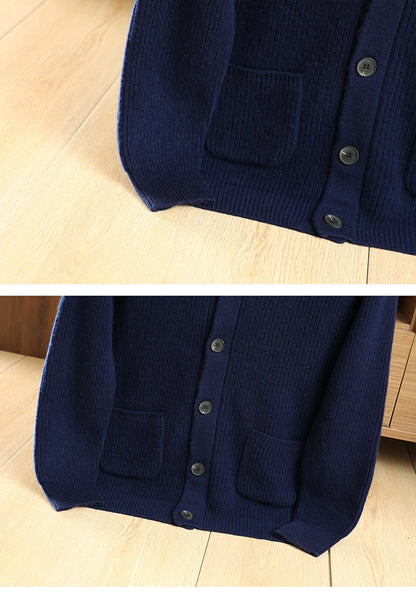 Men High Quality Polo Collar Cardigan Autumn Winter Thick Buttons 100% Merino Wool Sweater Smart Casual Coat Cashmere Knitwear