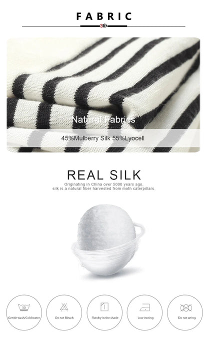 SuyaDream, Striped Pullovers for Woman, Round Neck, 45%Silk 55%Lyocell, 3/4 Sleeves, Chic Sweaters, 2025 Fall Winter Top, Black