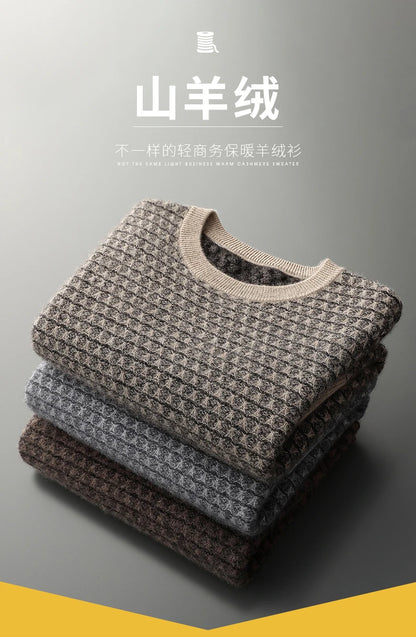 Men's Jacquard Striped 100% Pure Cashmere Pullover Sweater Autumn and Winter Thick base Sweater Casual Warm Clothing Men's Tops
